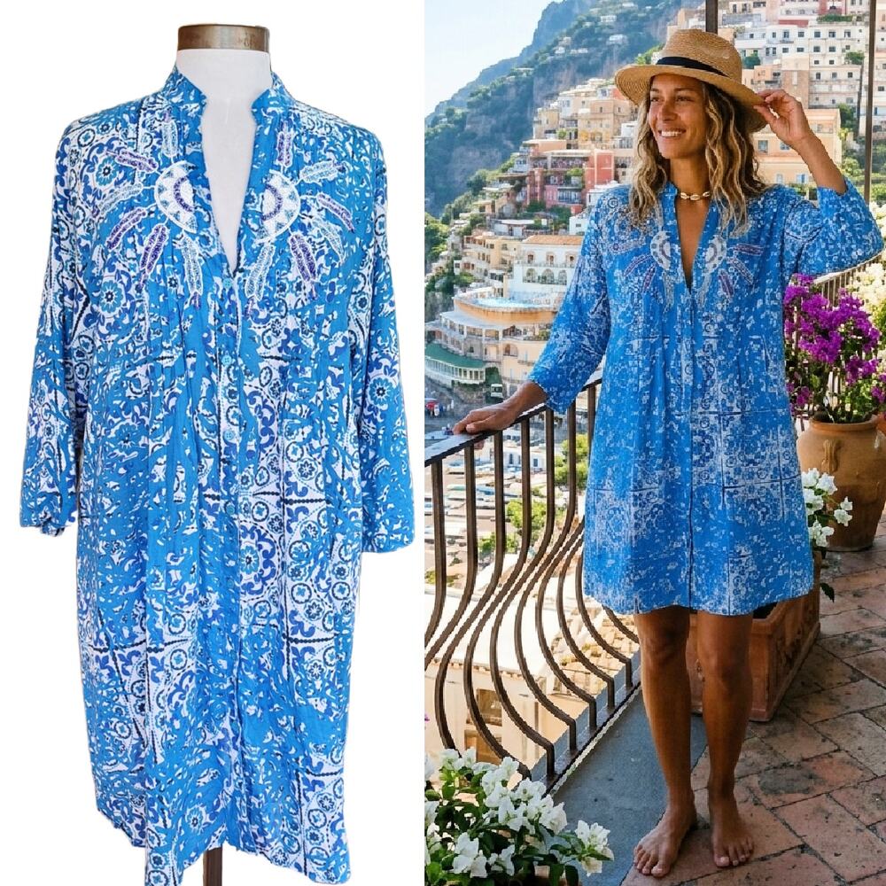 ANTICA SARTORIA Mini Dress L/XL Turquoise Beaded Pintuck Tunic Resort Beach Boho - Picture 13 of 13